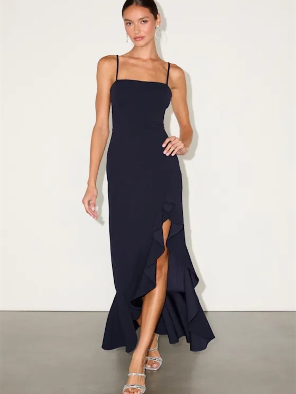 Lulu's sz L Spaghetti Strap Navy Ruffle-Hem Dress